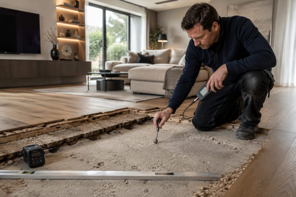 Bouwkundig expert inspecteert vloerconstructie in strak interieur met focus op kwaliteit en vlakheid van de vloer.