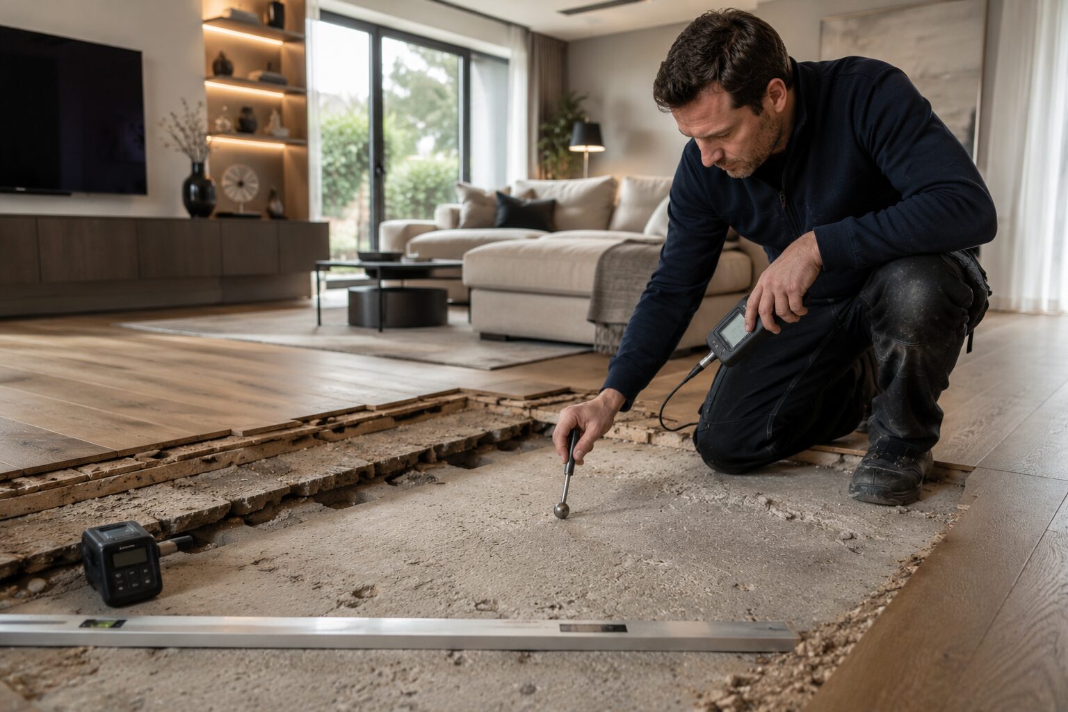 Bouwkundig expert inspecteert vloerconstructie in strak interieur met focus op kwaliteit en vlakheid van de vloer.