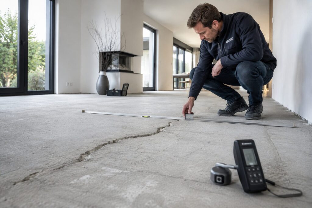Inspecteur controleert moderne constructie- en dekvloer met problemen in luxe woonkamer met meetapparatuur.