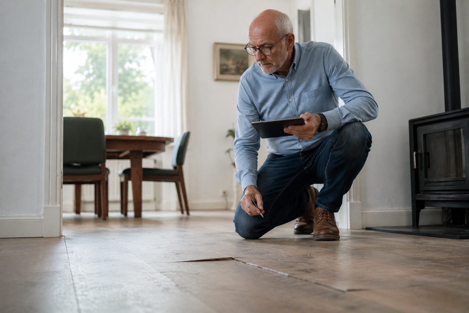 Onafhankelijke deskundige onderzoekt een vloerprobleem in een moderne woning voor een second opinion.