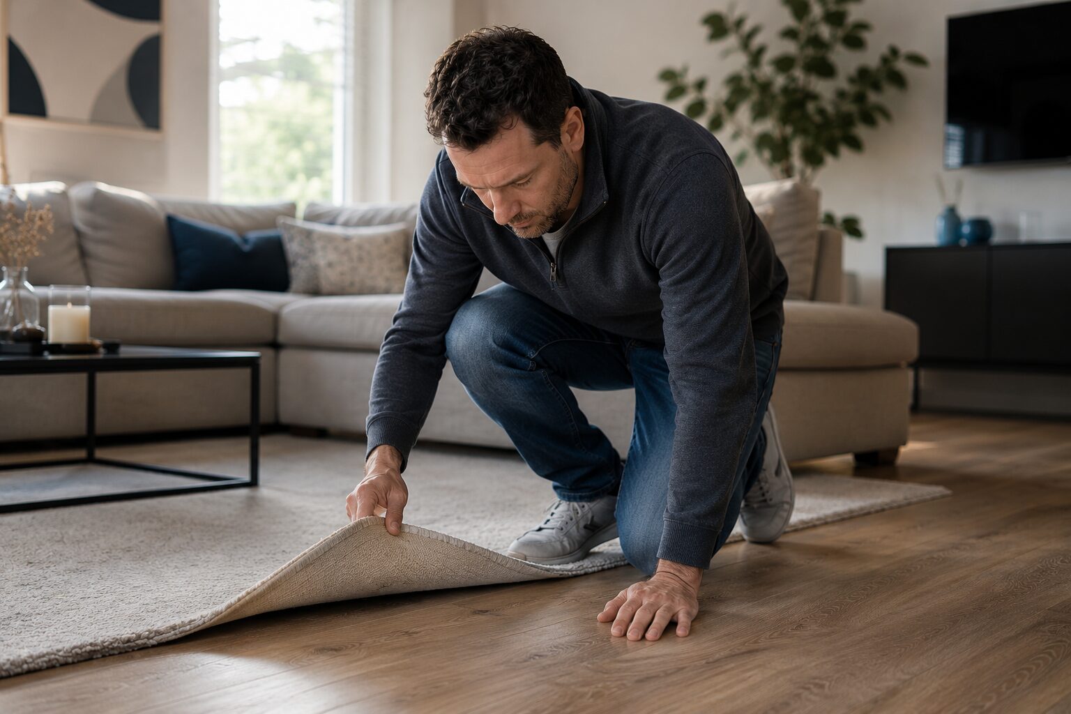 Onafhankelijke vloerspecialist inspecteert een houten vloer in een woonkamer voor een second opinion.