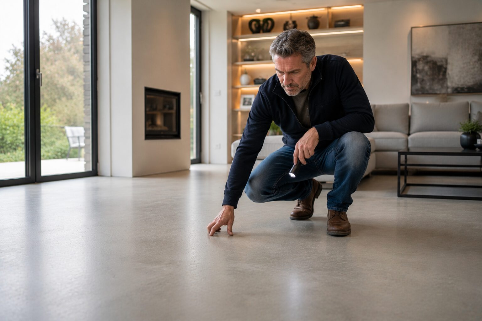 Specialist onderzoekt gladde dekvloer in moderne woning tijdens professionele vloerinspectie.