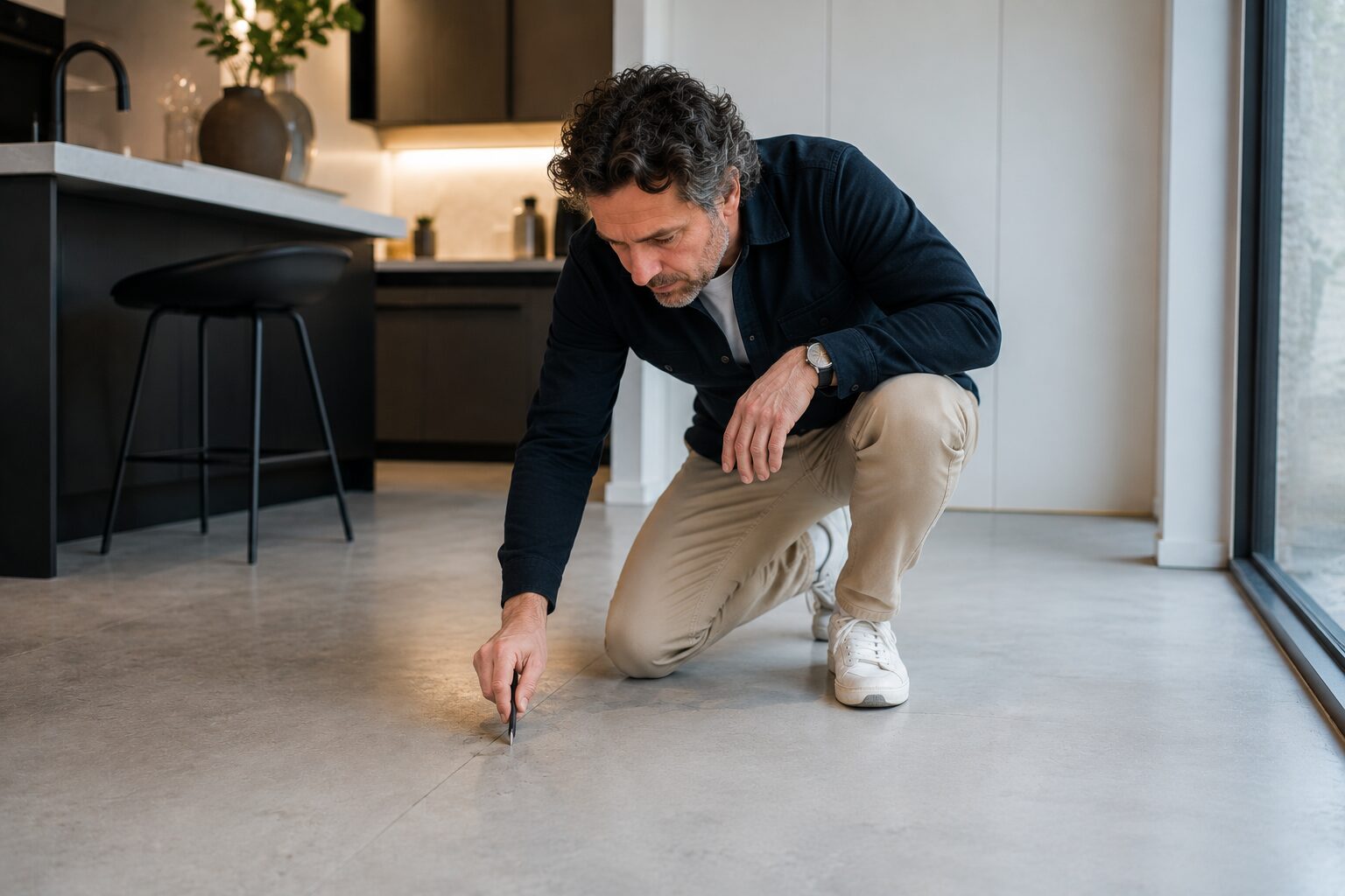Vloerexpert beoordeelt een scheur in de vloer tijdens een onafhankelijk vloeronderzoek.