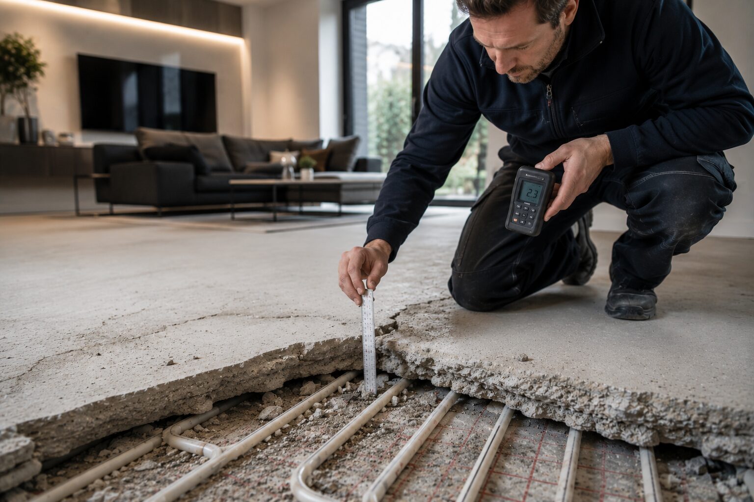 Vloerinspectie van constructie- en dekvloer in moderne leefruimte uitgevoerd door ervaren technisch specialist.