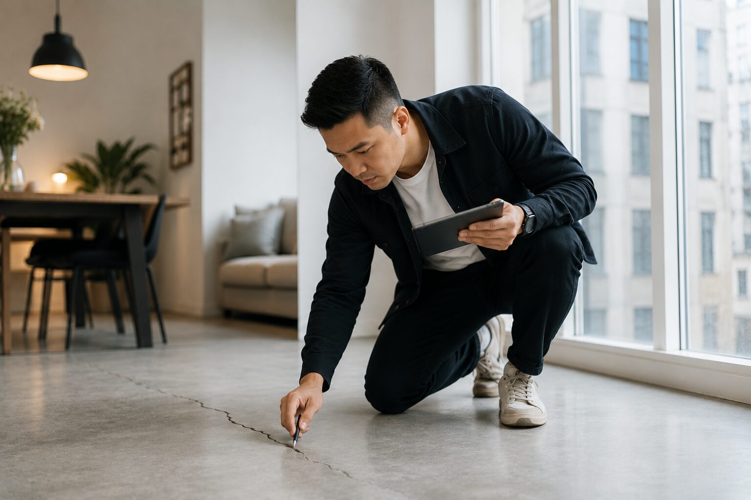 Vloerspecialist inspecteert een beschadigde vloer en legt bevindingen vast op een tablet.