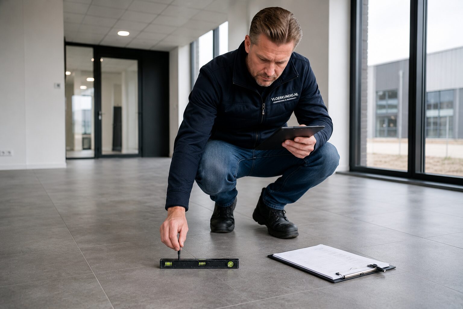 Onafhankelijke opleveringskeuring van tegelvloer in modern bedrijfspand