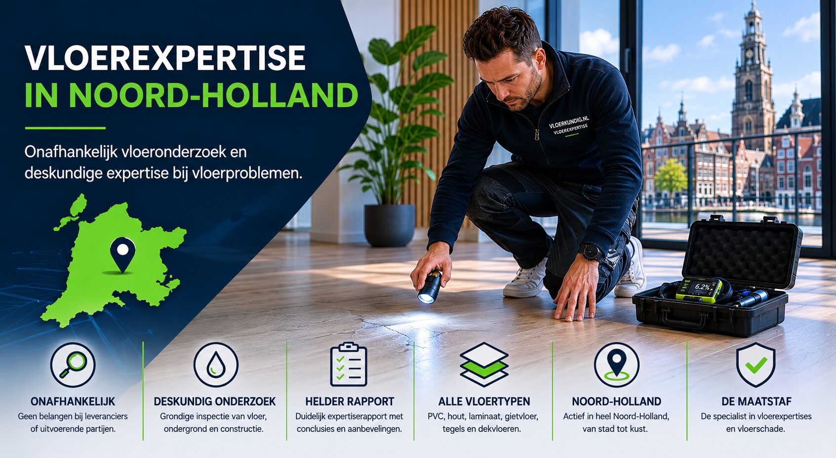 onafhankelijke vloerexpert inspecteert een vloer in Noord-Holland