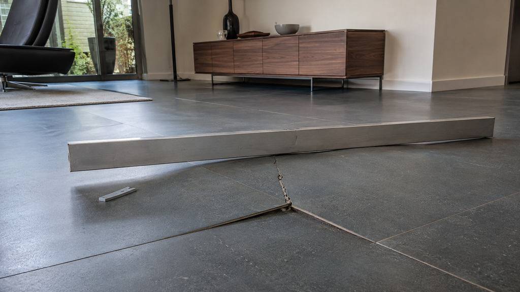 Donkergrijze grootformaat tegelvloer met opbolling, beschadigd voegwerk en een aluminium rei waarmee het hoogteverschil wordt gecontroleerd.