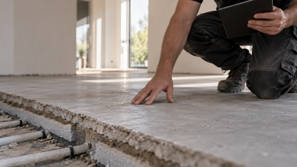 Vloerexpert controleert de dekvloer en onderliggende vloerconstructie in een woning