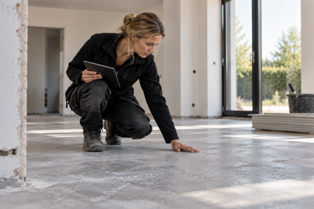 Vloerexpert inspecteert de kwaliteit van een dekvloer in een woning