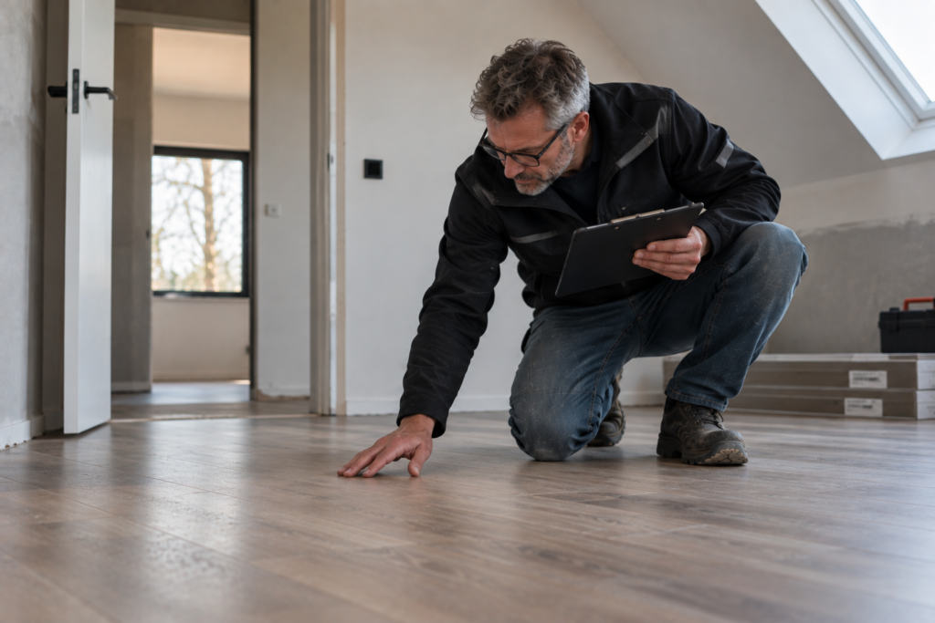 Vloerexpert onderzoekt de technische staat van een laminaatvloer