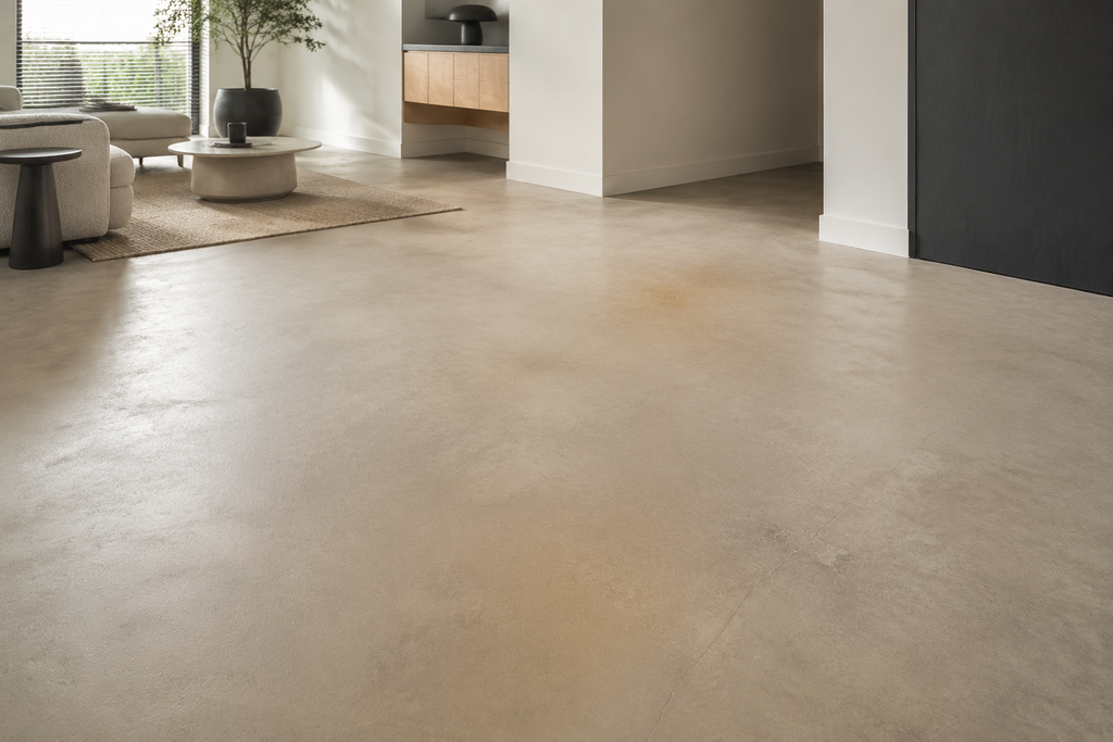 Lavasteen gietvloer met wolkvorming, glansverschillen, verkleuring en een zichtbare herstelzone in een moderne woonkamer.