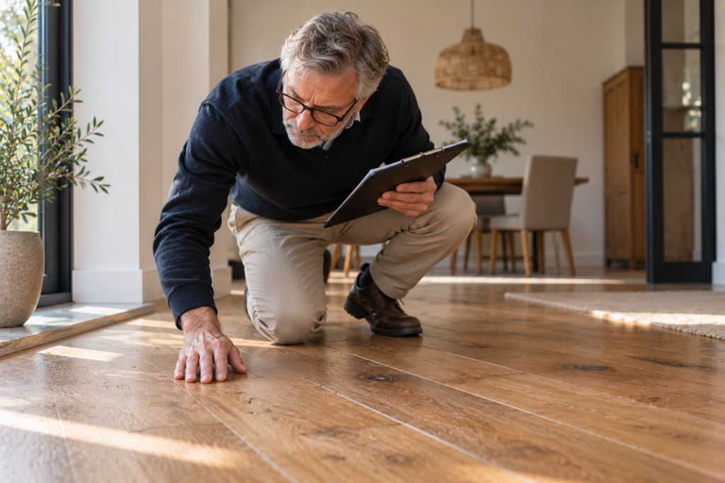 Ervaren vloerexpert onderzoekt een houten vloer op mogelijke gebreken en schade.